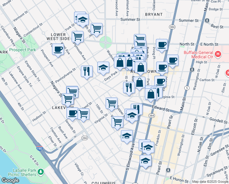 map of restaurants, bars, coffee shops, grocery stores, and more near 68 Cottage Street in Buffalo
