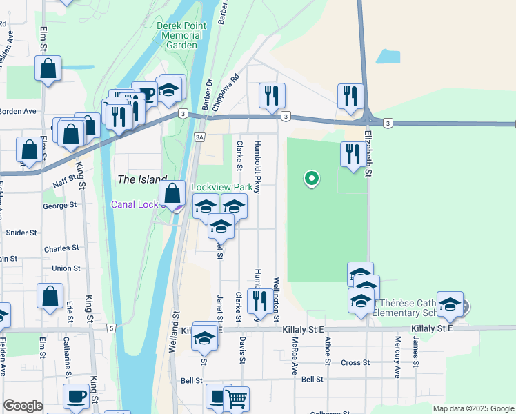 map of restaurants, bars, coffee shops, grocery stores, and more near Humboldt Parkway in Port Colborne