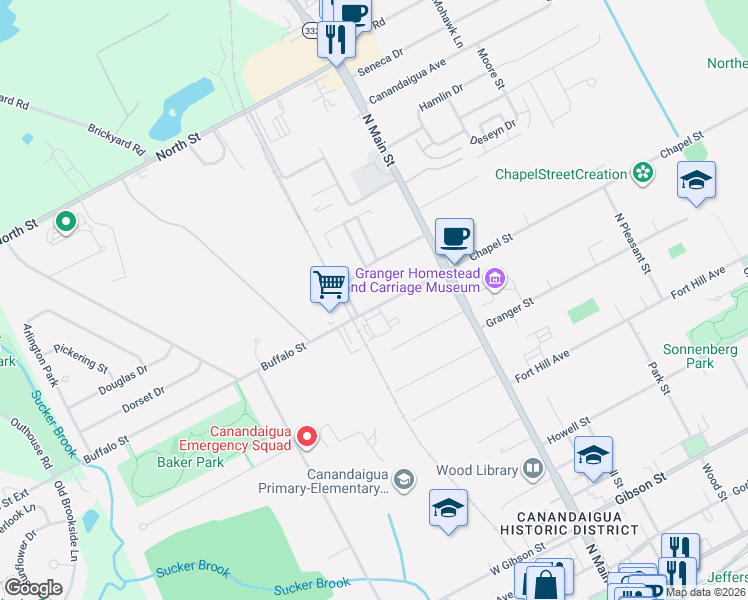 map of restaurants, bars, coffee shops, grocery stores, and more near 73 Buffalo Street in Canandaigua
