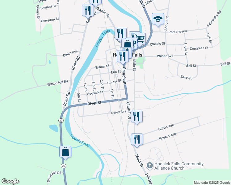 map of restaurants, bars, coffee shops, grocery stores, and more near 9 River Street in Hoosick Falls
