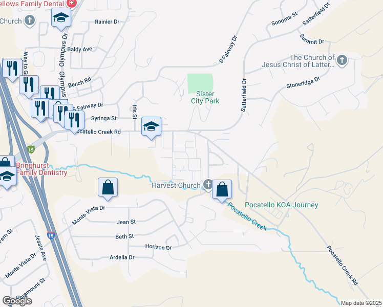 map of restaurants, bars, coffee shops, grocery stores, and more near 1222 Freeman Lane in Pocatello