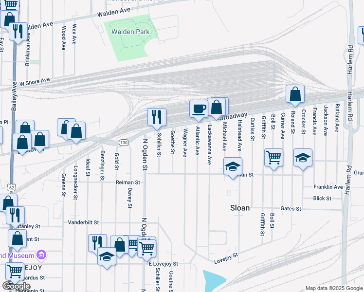 map of restaurants, bars, coffee shops, grocery stores, and more near 439 Goethe Street in Buffalo