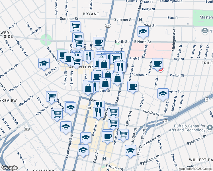 map of restaurants, bars, coffee shops, grocery stores, and more near 421 Franklin Street in Buffalo
