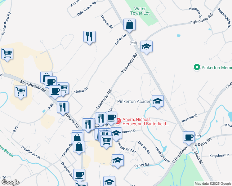 map of restaurants, bars, coffee shops, grocery stores, and more near 5 Tsienneto Road in Derry