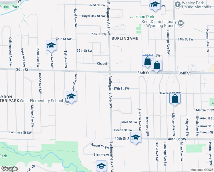map of restaurants, bars, coffee shops, grocery stores, and more near 3701 Burlingame Avenue Southwest in Wyoming
