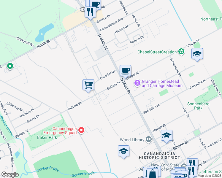 map of restaurants, bars, coffee shops, grocery stores, and more near 35 Buffalo Street in Canandaigua