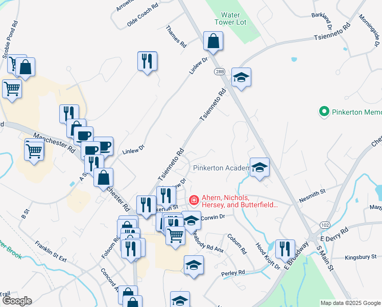 map of restaurants, bars, coffee shops, grocery stores, and more near 5 Tsienneto Road in Derry