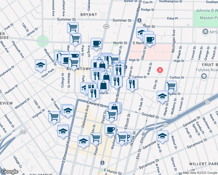 map of restaurants, bars, coffee shops, grocery stores, and more near 5 North Pearl Street in Buffalo