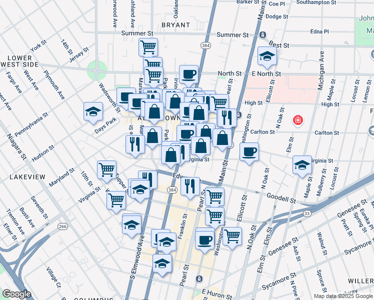 map of restaurants, bars, coffee shops, grocery stores, and more near 469 Delaware Avenue in Buffalo
