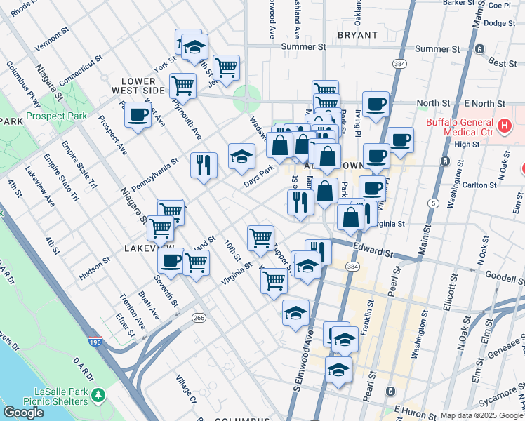map of restaurants, bars, coffee shops, grocery stores, and more near in Buffalo