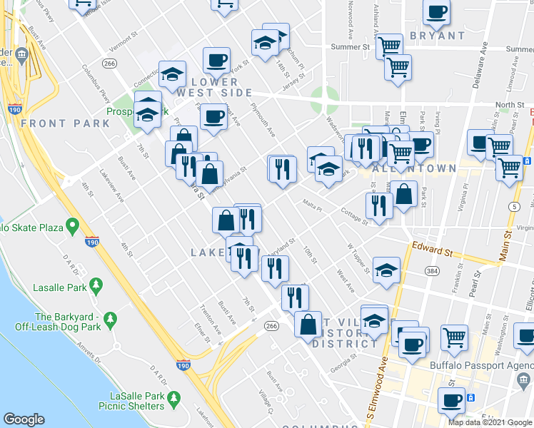 map of restaurants, bars, coffee shops, grocery stores, and more near 253 Whitney Place in Buffalo