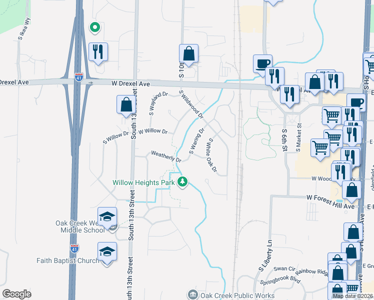 map of restaurants, bars, coffee shops, grocery stores, and more near 8159 South Waring Drive in Oak Creek