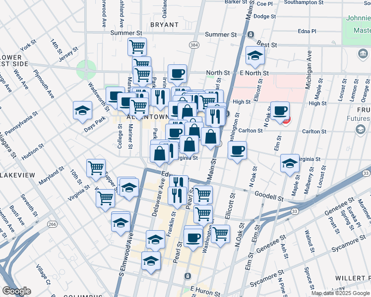 map of restaurants, bars, coffee shops, grocery stores, and more near 421 Franklin Street in Buffalo