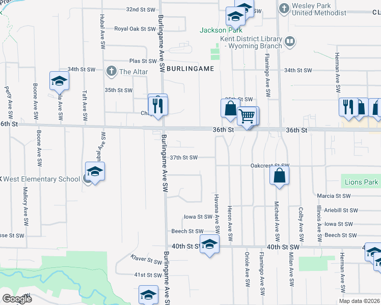 map of restaurants, bars, coffee shops, grocery stores, and more near 1506 37th Street Southwest in Wyoming
