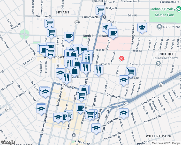 map of restaurants, bars, coffee shops, grocery stores, and more near 847 Main Street in Buffalo