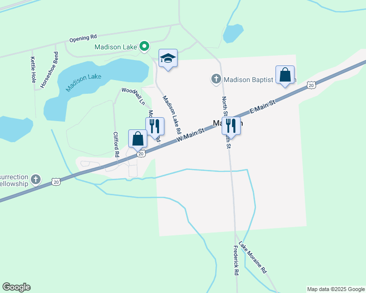 map of restaurants, bars, coffee shops, grocery stores, and more near 7280 U.S. 20 in Madison