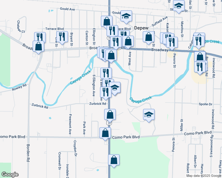 map of restaurants, bars, coffee shops, grocery stores, and more near 5227 Transit Road in Depew