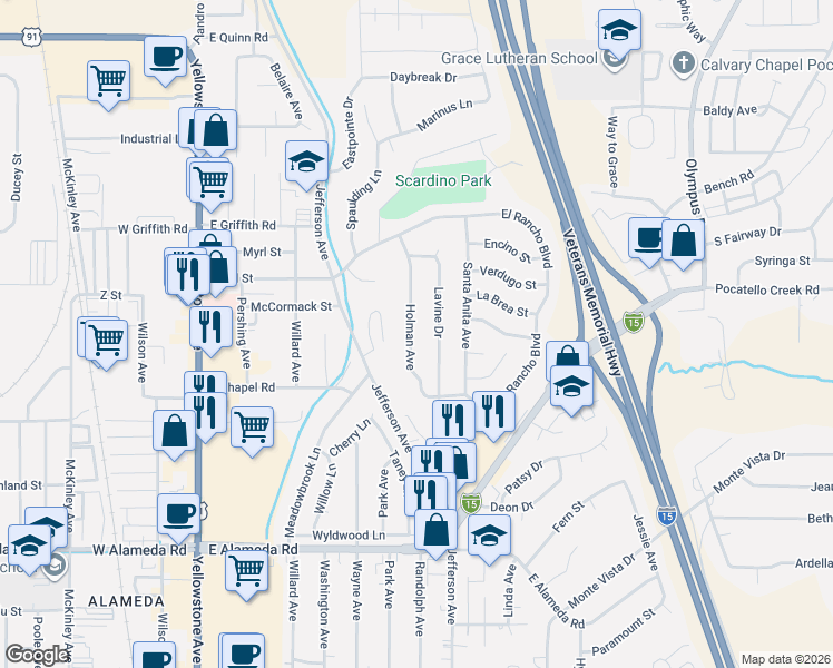 map of restaurants, bars, coffee shops, grocery stores, and more near 1200 Holman Avenue in Pocatello