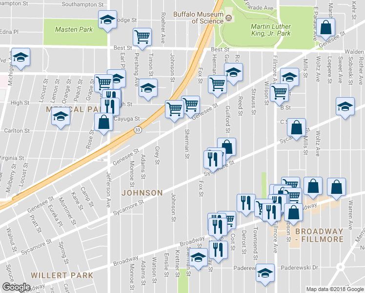 map of restaurants, bars, coffee shops, grocery stores, and more near 508 Sherman Street in Buffalo