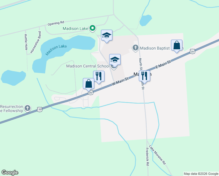 map of restaurants, bars, coffee shops, grocery stores, and more near 7270 U.S. 20 in Madison