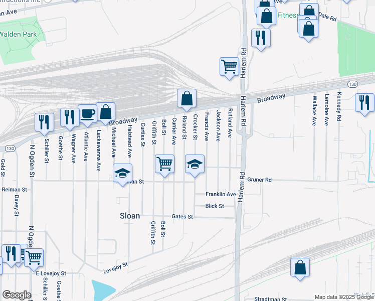 map of restaurants, bars, coffee shops, grocery stores, and more near 171 Roland Street in Buffalo