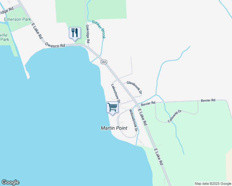 map of restaurants, bars, coffee shops, grocery stores, and more near 38 East Lake Road in Auburn