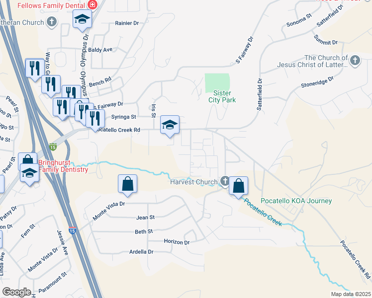 map of restaurants, bars, coffee shops, grocery stores, and more near 1275 Freeman Lane in Pocatello