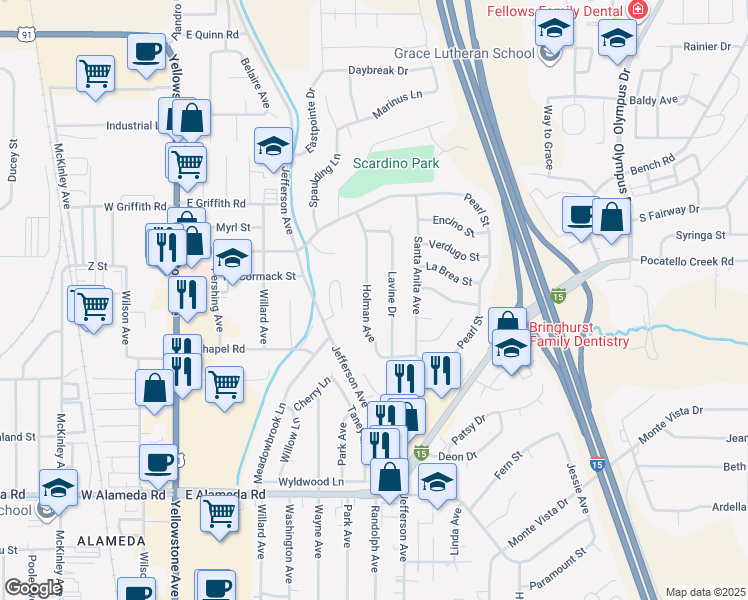 map of restaurants, bars, coffee shops, grocery stores, and more near 1200 Holman Avenue in Pocatello