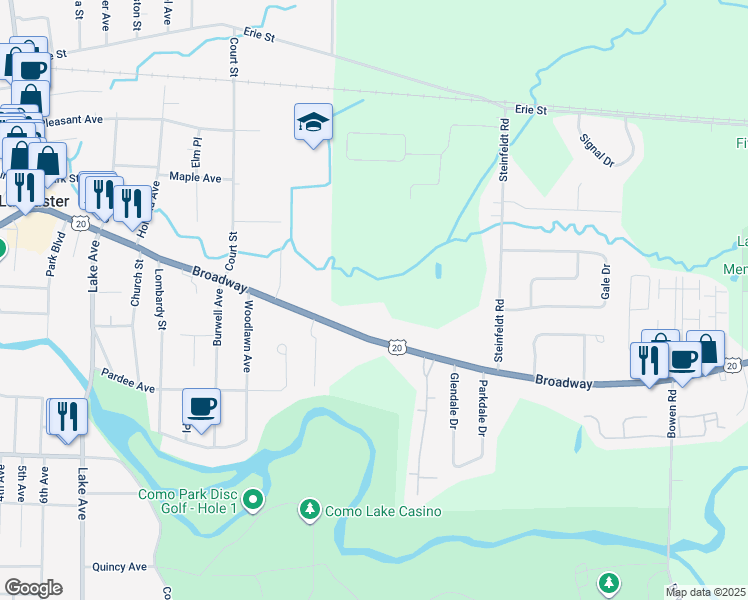 map of restaurants, bars, coffee shops, grocery stores, and more near 5690 Broadway in Lancaster