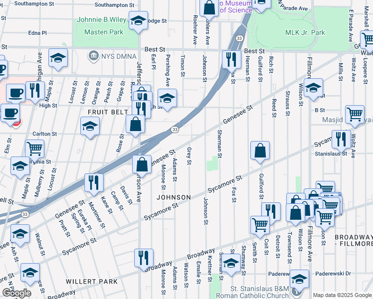 map of restaurants, bars, coffee shops, grocery stores, and more near 619 Adams Street in Buffalo