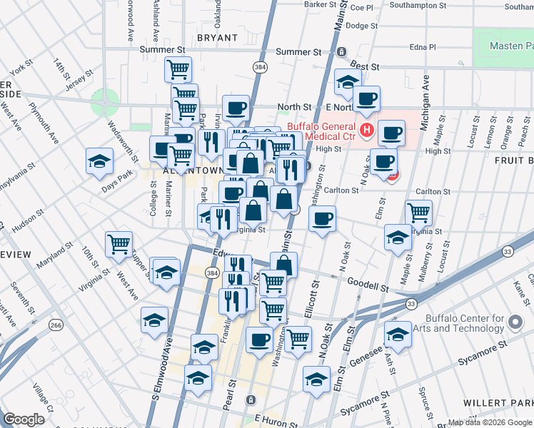 map of restaurants, bars, coffee shops, grocery stores, and more near 5 North Pearl Street in Buffalo