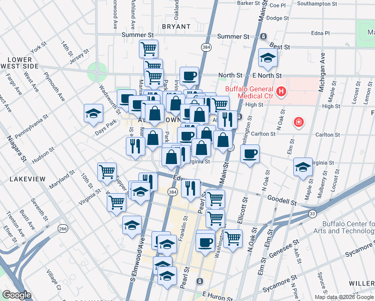 map of restaurants, bars, coffee shops, grocery stores, and more near 469 Delaware Avenue in Buffalo