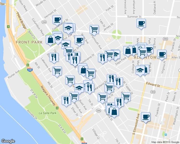 map of restaurants, bars, coffee shops, grocery stores, and more near in Buffalo