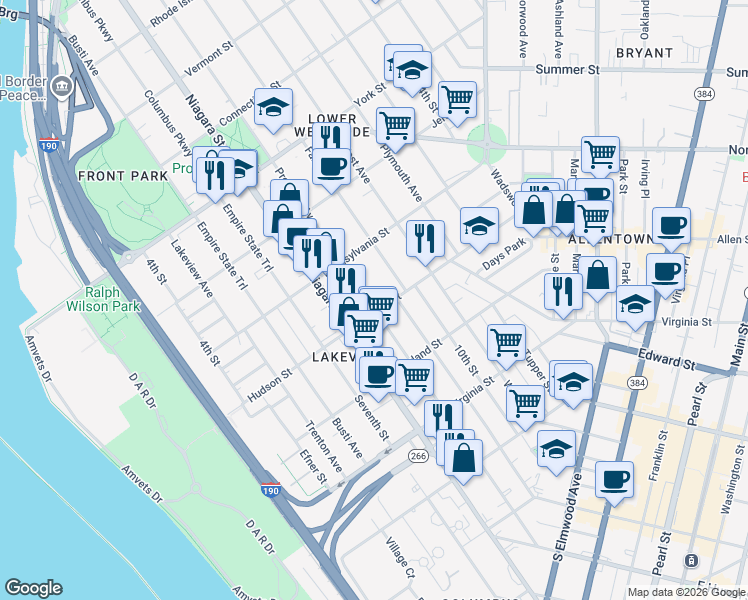 map of restaurants, bars, coffee shops, grocery stores, and more near in Buffalo