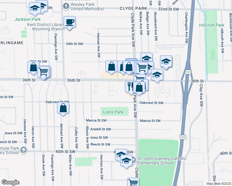 map of restaurants, bars, coffee shops, grocery stores, and more near 893 Oakcrest Street Southwest in Wyoming