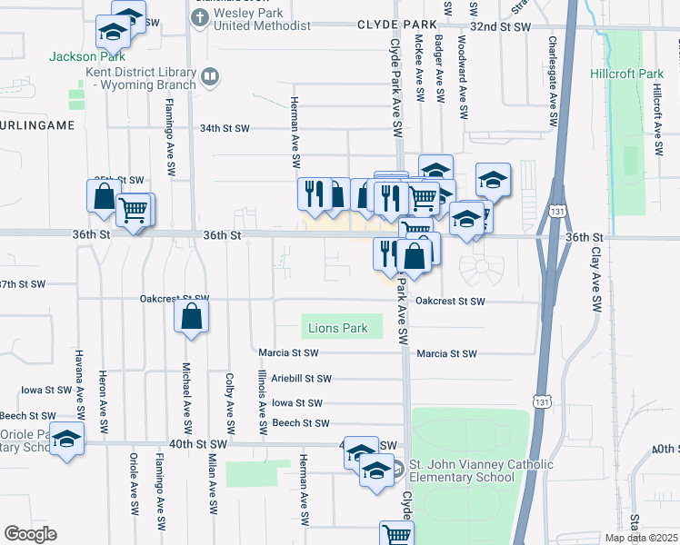 map of restaurants, bars, coffee shops, grocery stores, and more near 893 Oakcrest Street Southwest in Wyoming