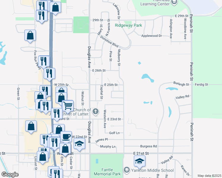 map of restaurants, bars, coffee shops, grocery stores, and more near 2403 Western Avenue in Yankton