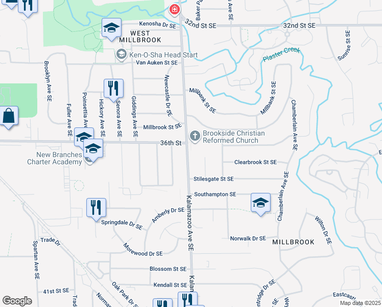 map of restaurants, bars, coffee shops, grocery stores, and more near 3628 Kalamazoo Avenue Southeast in Grand Rapids