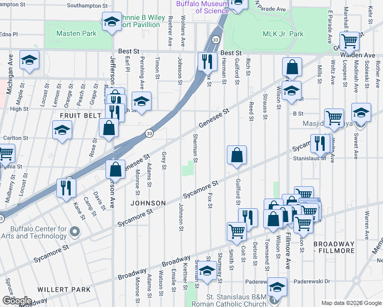 map of restaurants, bars, coffee shops, grocery stores, and more near 512 Sherman Street in Buffalo