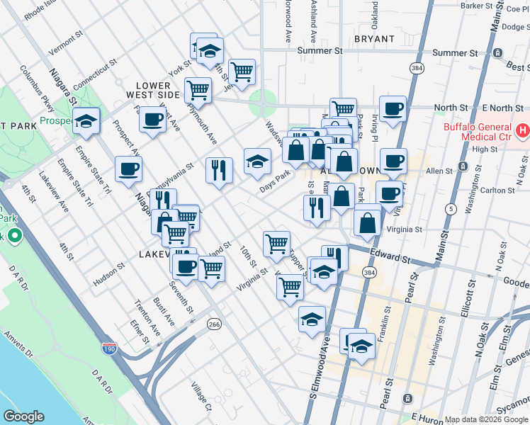 map of restaurants, bars, coffee shops, grocery stores, and more near 320 Maryland Street in Buffalo