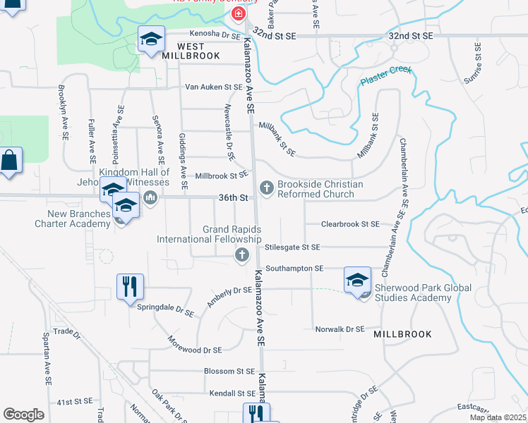 map of restaurants, bars, coffee shops, grocery stores, and more near 3626 Kalamazoo Avenue Southeast in Grand Rapids