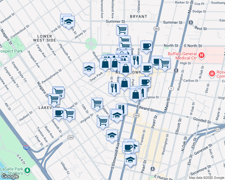 map of restaurants, bars, coffee shops, grocery stores, and more near 29 Cottage Street in Buffalo