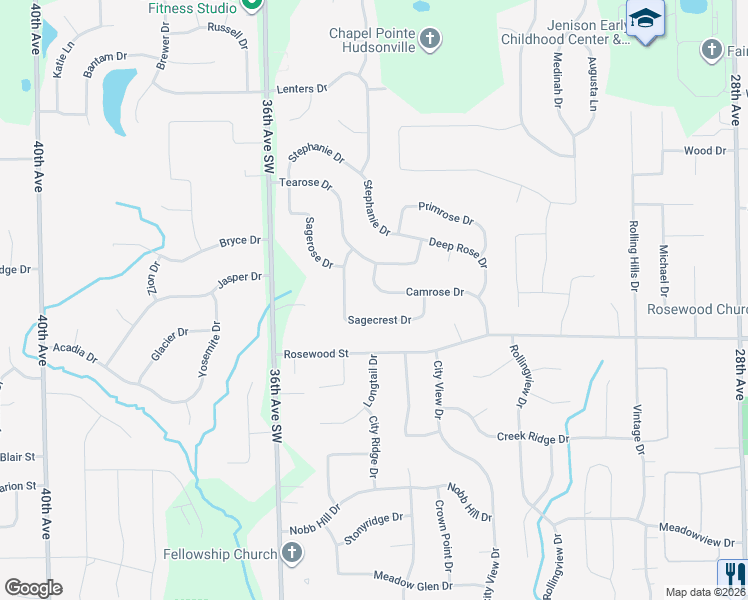 map of restaurants, bars, coffee shops, grocery stores, and more near 3375 Sagecrest Drive in Hudsonville