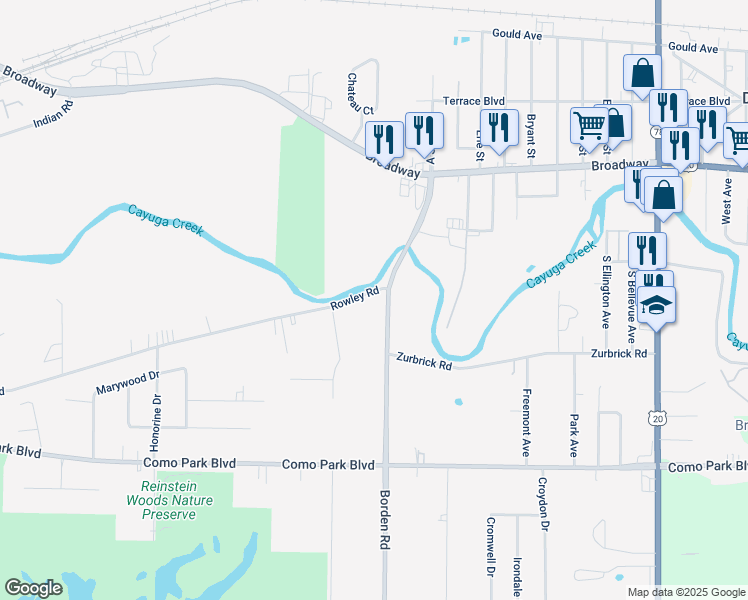 map of restaurants, bars, coffee shops, grocery stores, and more near 168 Borden Road in Depew