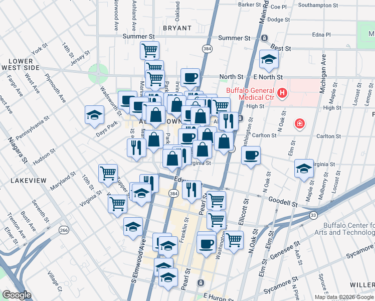 map of restaurants, bars, coffee shops, grocery stores, and more near 469 Delaware Avenue in Buffalo