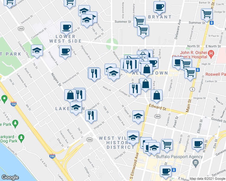 map of restaurants, bars, coffee shops, grocery stores, and more near 291 Maryland Street in Buffalo