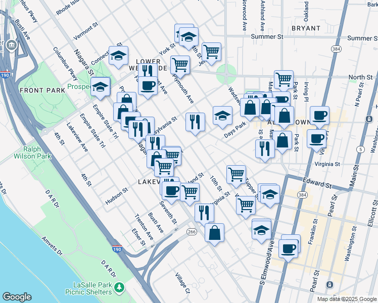 map of restaurants, bars, coffee shops, grocery stores, and more near 253 Whitney Place in Buffalo