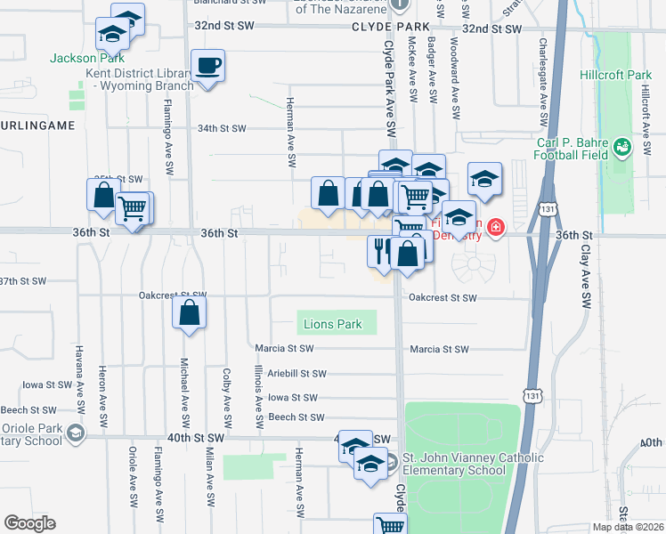 map of restaurants, bars, coffee shops, grocery stores, and more near 893 Oakcrest Street Southwest in Wyoming