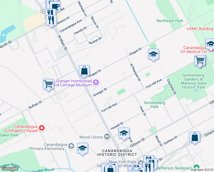 map of restaurants, bars, coffee shops, grocery stores, and more near 60 Granger Street in Canandaigua