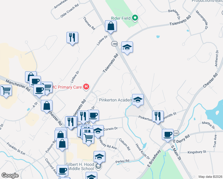 map of restaurants, bars, coffee shops, grocery stores, and more near 9 Tsienneto Road in Derry